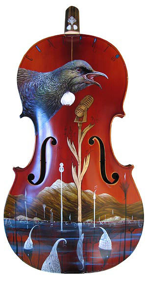 Dean Raybould nz contemporary artist, cello painting, tui